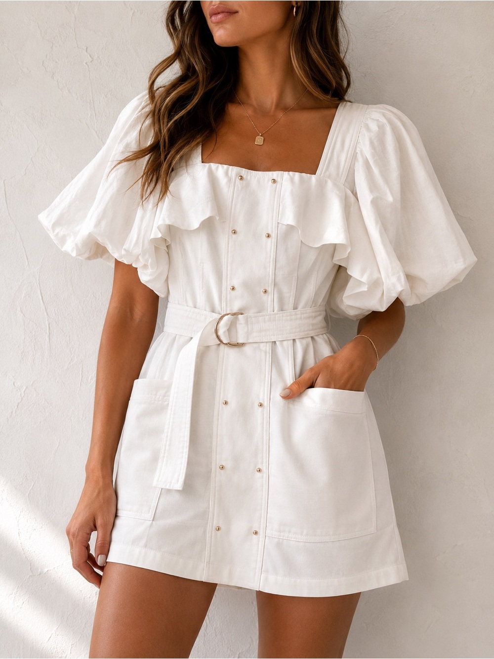Acler White Puff-Sleeve Belted Mini Dress